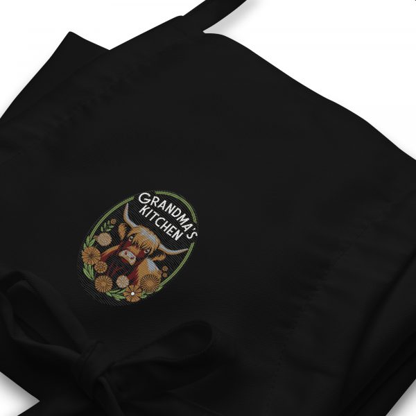 Grandma's Kitchen Embroidered Highland Cow Floral Black Apron With Two Front Pockets - Image 2